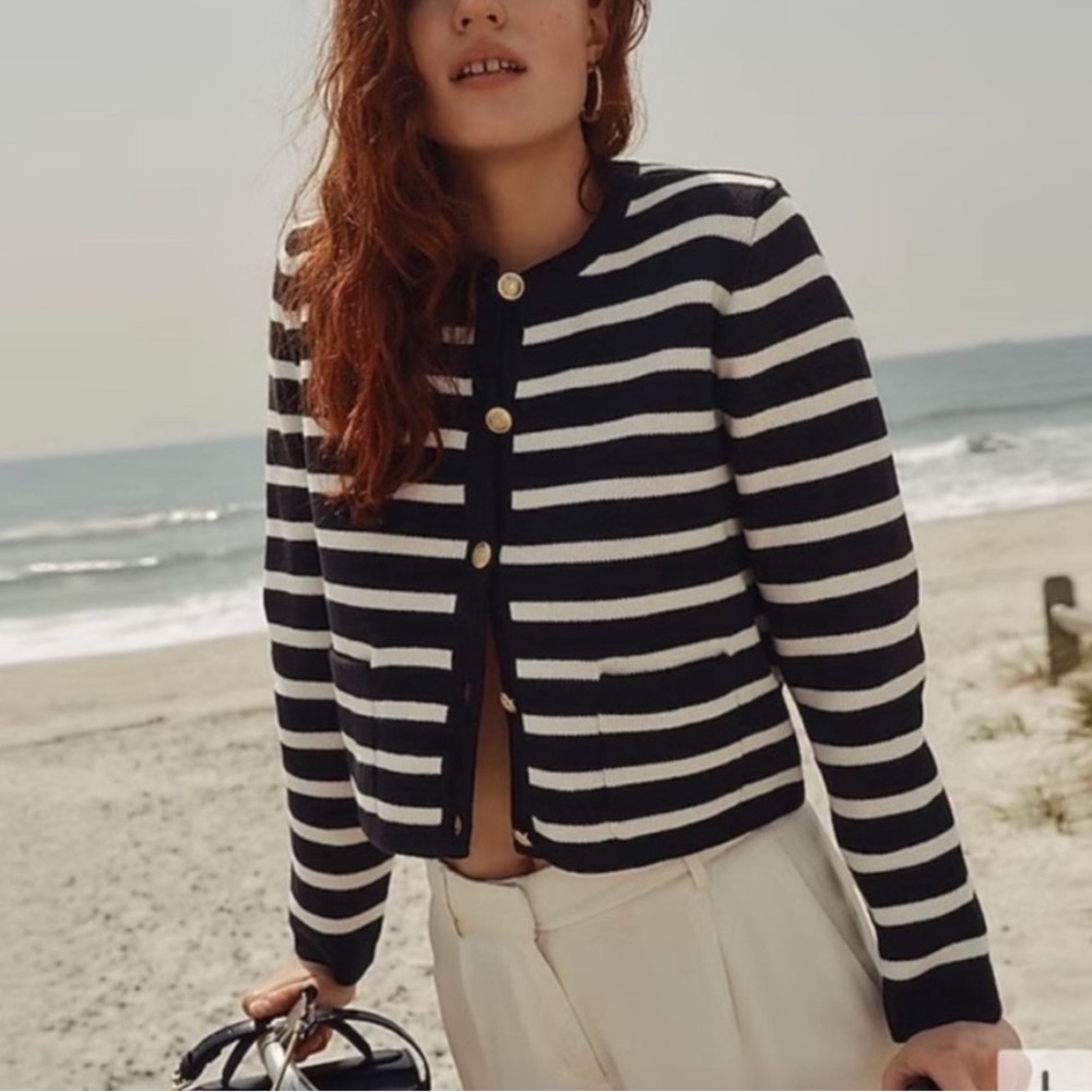 J.Crew Emilie sweater lady jacket in stripe / Black ivory